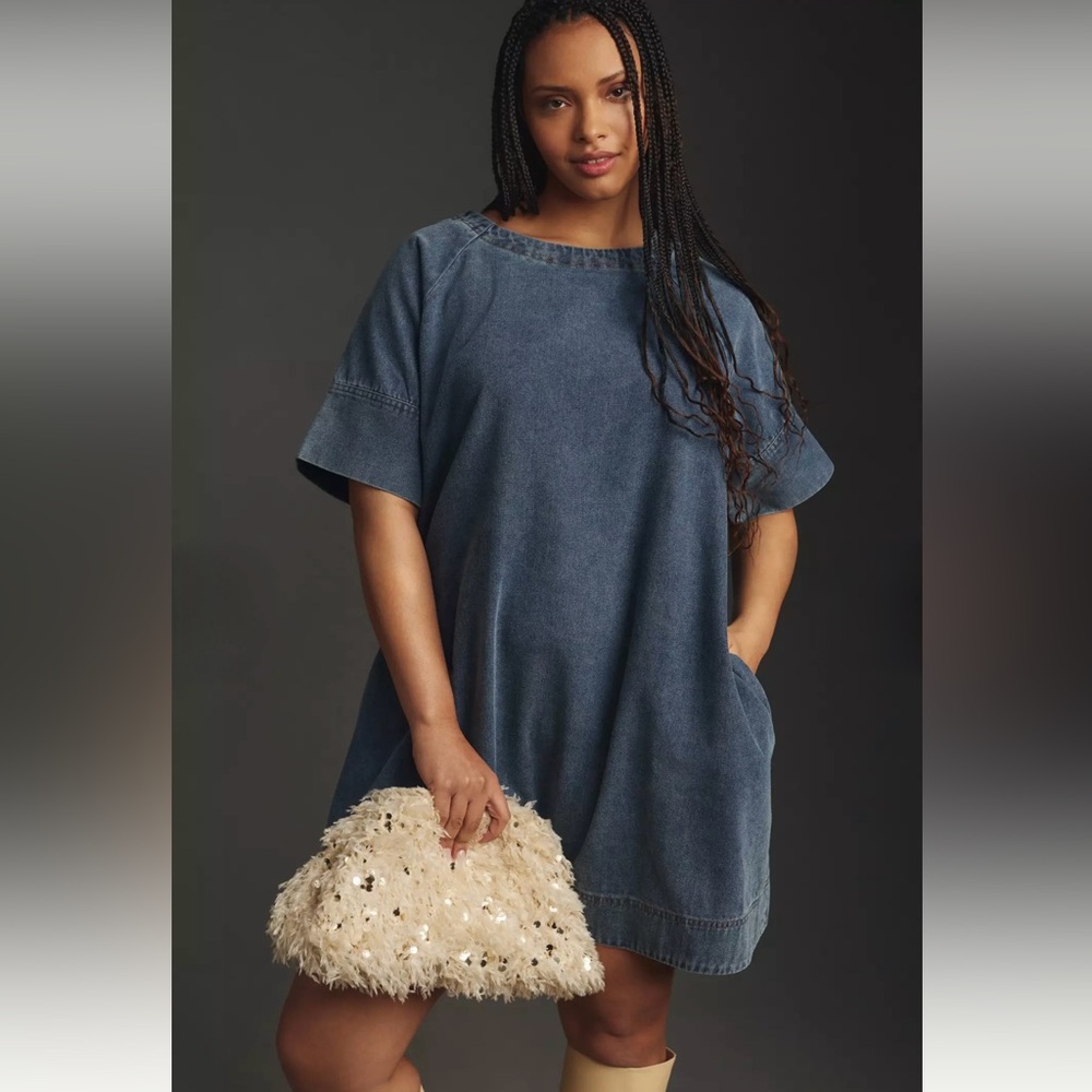 Anthropologie Porridge Short-Sleeve Denim Swing Mini Dress - Picture 3 of 13